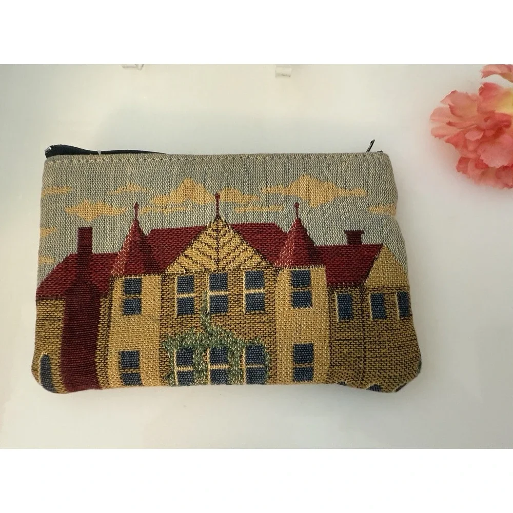 Vintage Tapestry Row Houses‎ Embroidered Style Zippered Bag Makeup Pouch 7
